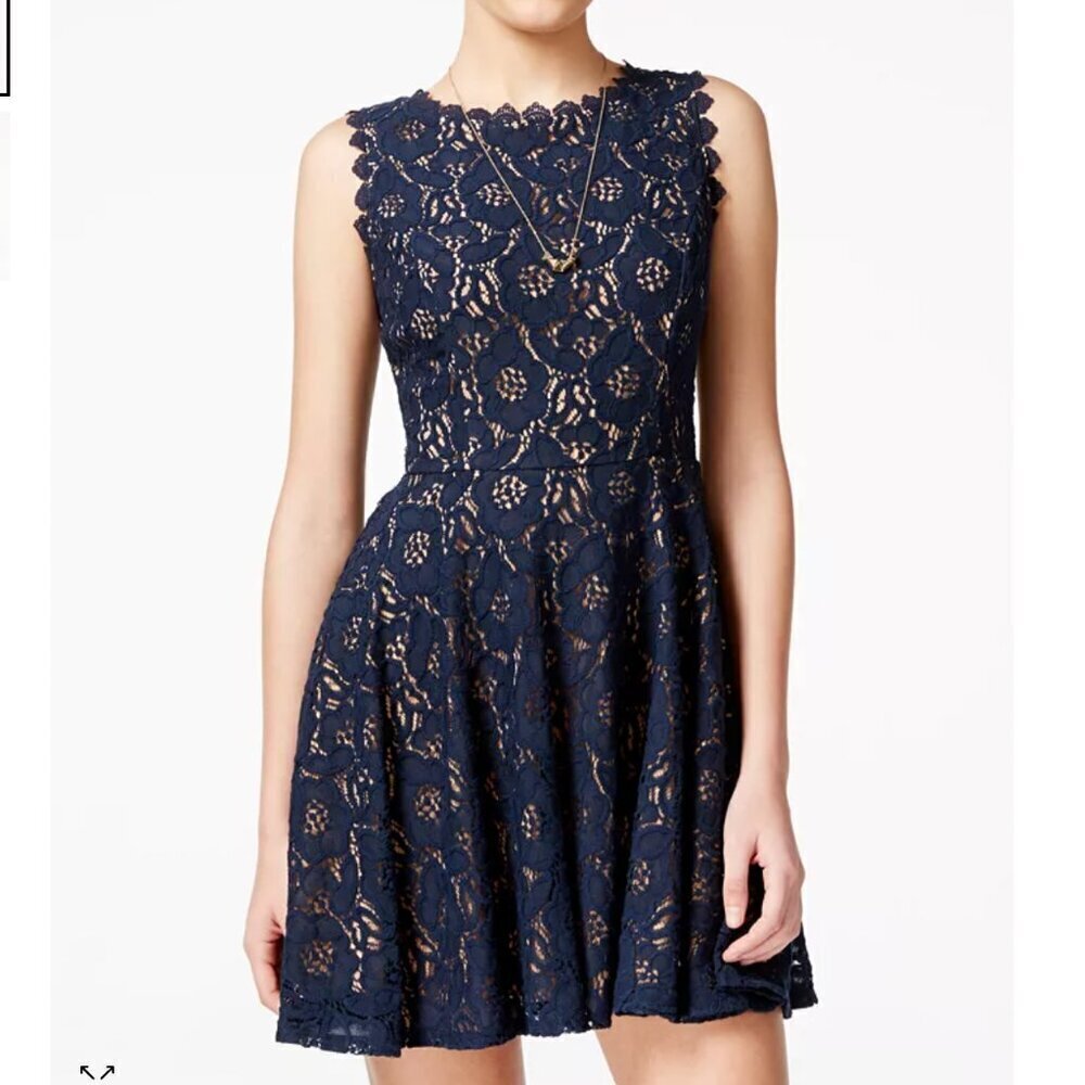 City Studios Juniors' Lace Fit & Flare Dress Navy Size 9